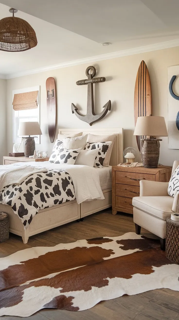 Escape to this dreamy coastal cowgirl room, where beachy room ideas meet the spirit of the wild west.  This cowgirl bedroom seamlessly blends ocean room decor and surf room decor, creating the perfect summer room decor for a relaxed yet stylish retreat.