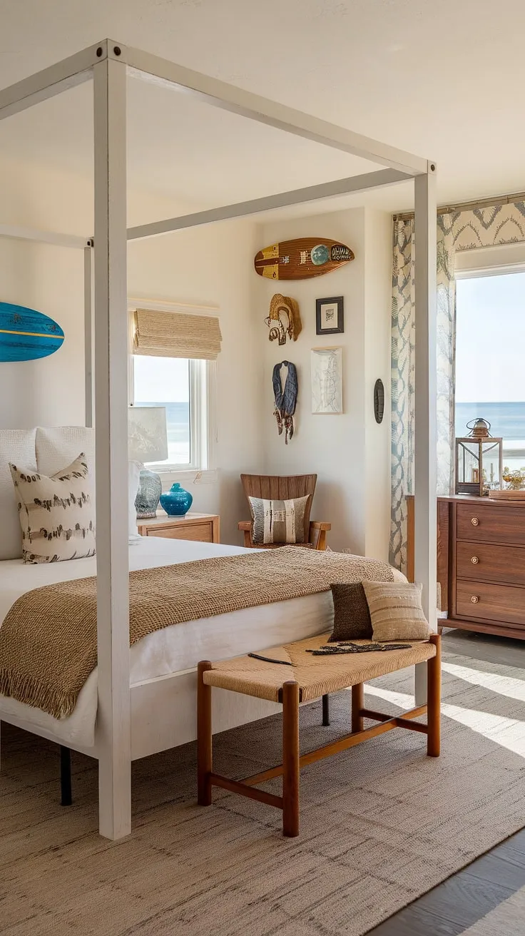 Sun-kissed serenity in this coastal cowgirl room.  Beach room ideas and cowgirl bedroom style seamlessly blend in this dreamy space.  The surf room decor and ocean room decor create a tranquil atmosphere, making it the perfect coastal cowgirl bedroom escape.