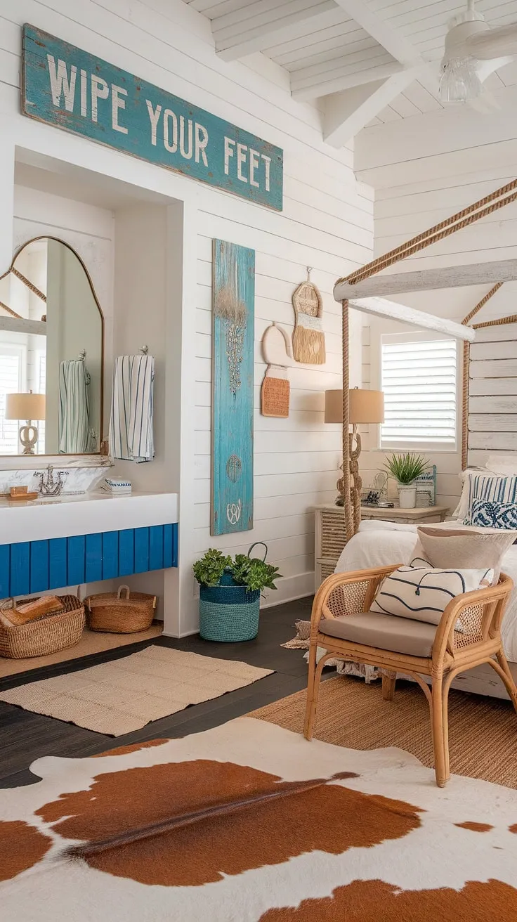 This coastal cowgirl room is the ultimate beach room ideas inspiration.  From the cowhide rugs to the ocean-inspired accents, this space perfectly captures the spirit of a coastal cowgirl bedroom.  Get ready for summer with these beachy room ideas and surf room decor.