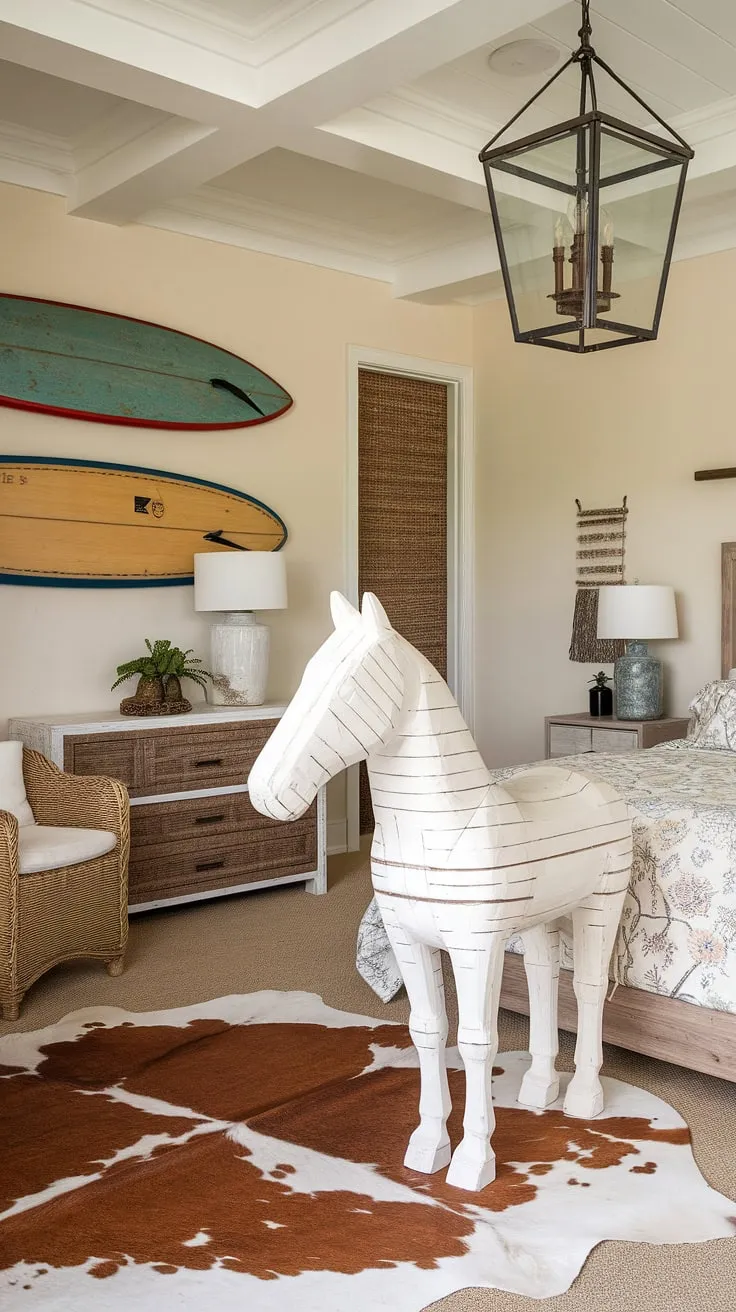 Escape to this coastal cowgirl room, where the ocean breeze whispers through the curtains.  Beachy room ideas and cowgirl bedroom style collide in this dreamy space, offering a unique take on summer room decor.  The perfect blend of surf room decor and ocean room decor awaits.