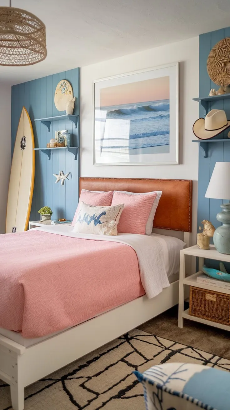 Escape to this dreamy coastal cowgirl room, where beach room ideas meet cowgirl bedroom style.  This ocean room decor and summer room decor haven effortlessly combines the relaxed vibes of a beach house with the rustic spirit of a cowgirl, offering inspiring surf room decor and coastal cowgirl room inspiration.