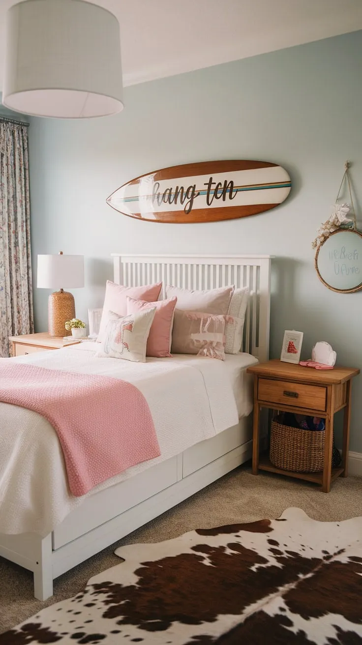Escape to this coastal cowgirl room, a haven of beach room ideas and cowgirl bedroom style.  The surf room decor and ocean room decor create a unique coastal cowgirl bedroom vibe, perfect for summer.  This cowgirl bedroom is the ultimate in laid-back luxury.