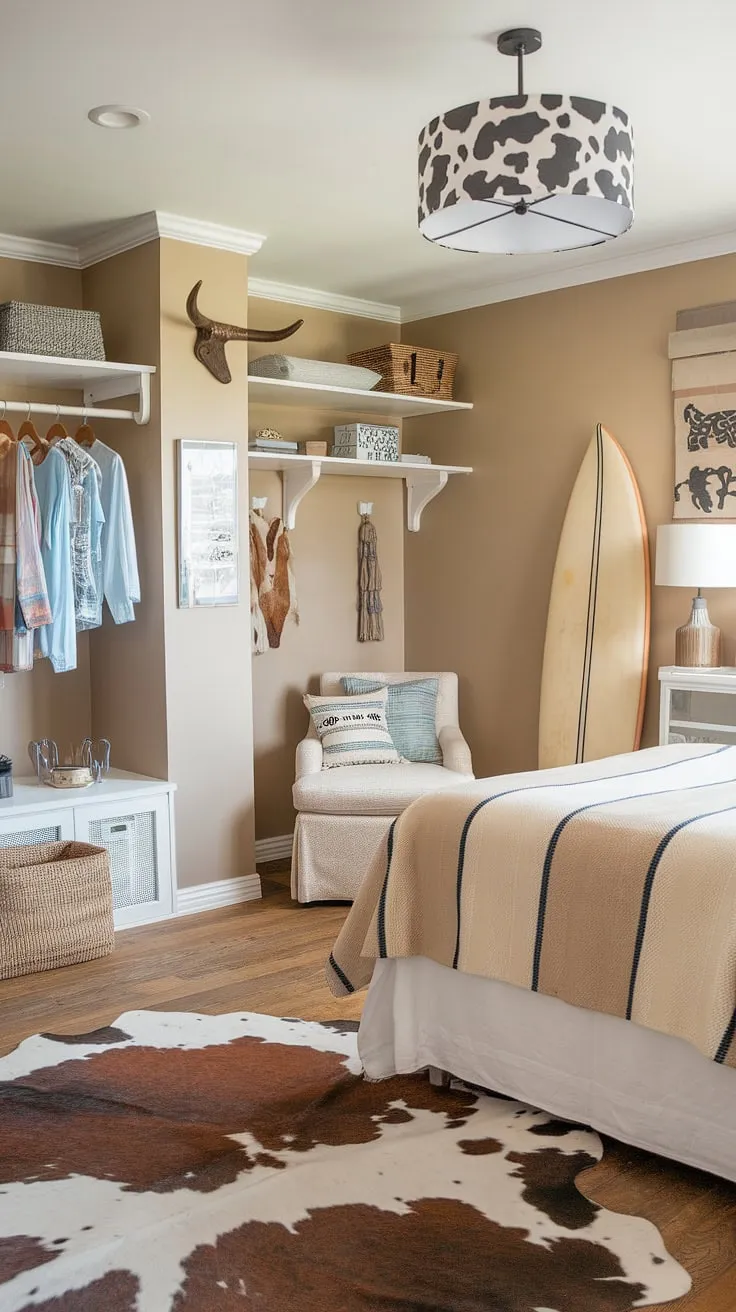 This coastal cowgirl room is the ultimate summer retreat.  Combining cowgirl bedroom elements with a relaxed beachy vibe, this coastal cowgirl bedroom offers the best of both worlds.  From the surfboard to the cowhide rugs, this surf room decor and ocean room decor inspired space is pure coastal cowgirl style.