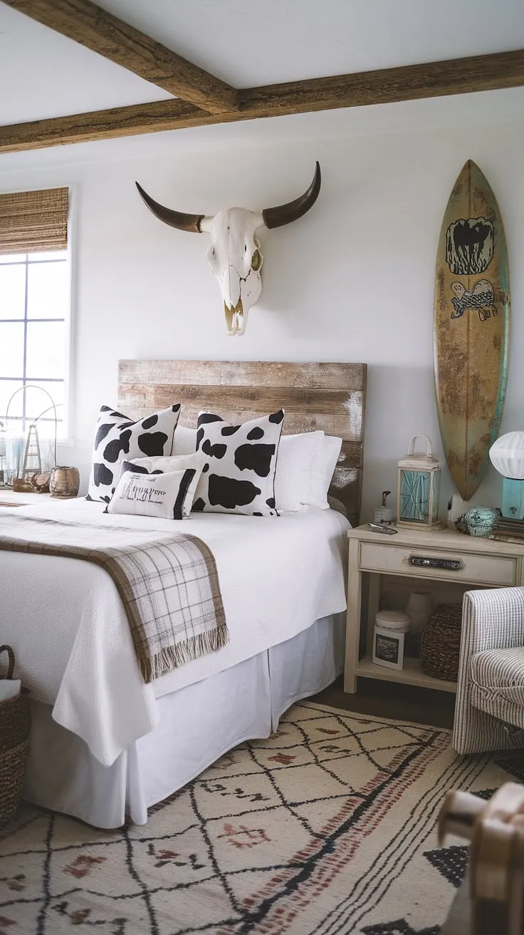 Sun-kissed and stylish, this coastal cowgirl bedroom offers the ultimate beachy room retreat.  Cowgirl room meets surf room decor in this dreamy space, showcasing a unique blend of ocean room decor and summer room decor.  Get inspired by these beach room ideas for your own coastal cowgirl room.