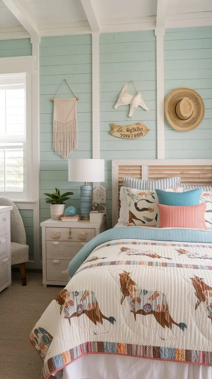 Escape to this dreamy coastal cowgirl bedroom, a haven of beachy room ideas and ocean room decor.  The cowgirl bedroom's design seamlessly incorporates surf room decor, creating a relaxed yet stylish coastal cowgirl room. This summer room decor is the perfect blend of rustic and coastal vibes.