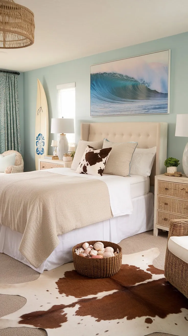Escape to this coastal cowgirl room, where beachy room ideas meet the spirit of the wild west.  This cowgirl bedroom seamlessly blends surf room decor and ocean room decor, creating a summer room decor haven that's both relaxed and refined.  The ultimate coastal cowgirl bedroom inspiration.