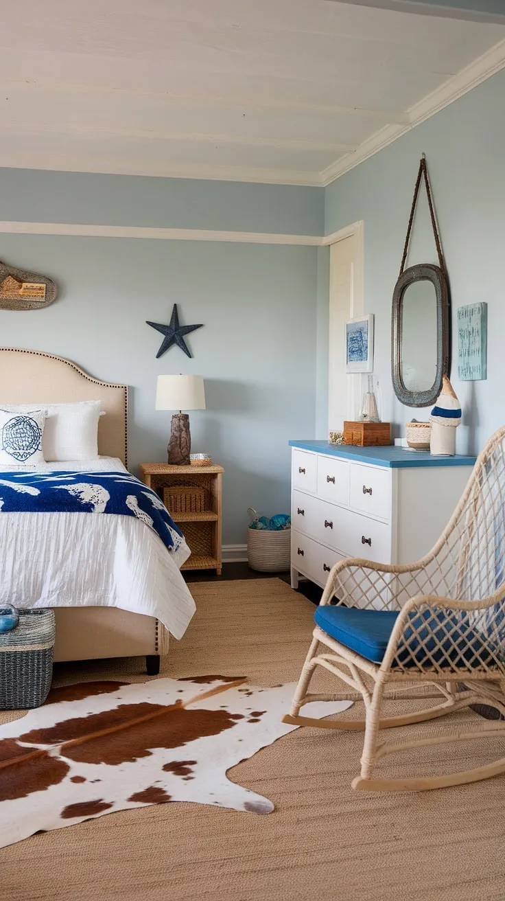 This coastal cowgirl bedroom perfectly blends rustic charm with beachy vibes.  Think sun-kissed driftwood, ocean-inspired textiles, and a touch of cowgirl spirit for the ultimate surf room decor.  Get inspired by these beach room ideas and create your own dreamy summer room decor.  It's the best of both worlds – cowgirl room meets ocean room decor.