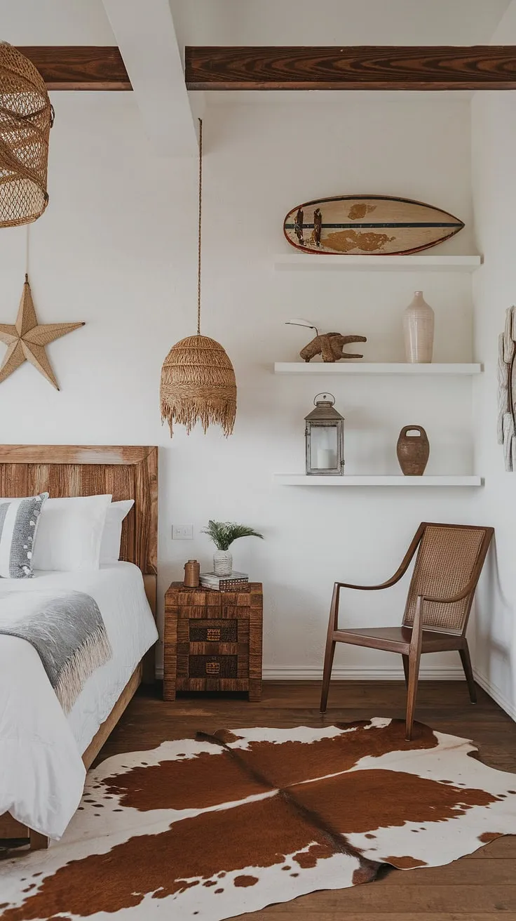 This coastal cowgirl room is the ultimate beachy room ideas retreat.  A cowgirl bedroom with a coastal twist, featuring surf room decor and ocean room decor elements.  The perfect blend of textures and styles makes this coastal cowgirl bedroom a dream come true.