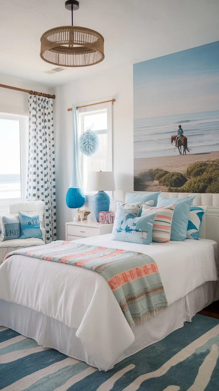 Sun-kissed dreams and salty air. This coastal cowgirl bedroom blends the rugged charm of a cowgirl room with the breezy feel of a beach room, creating the perfect summer room decor.  Think beachy room ideas meet surf room decor for a truly unique ocean room decor.