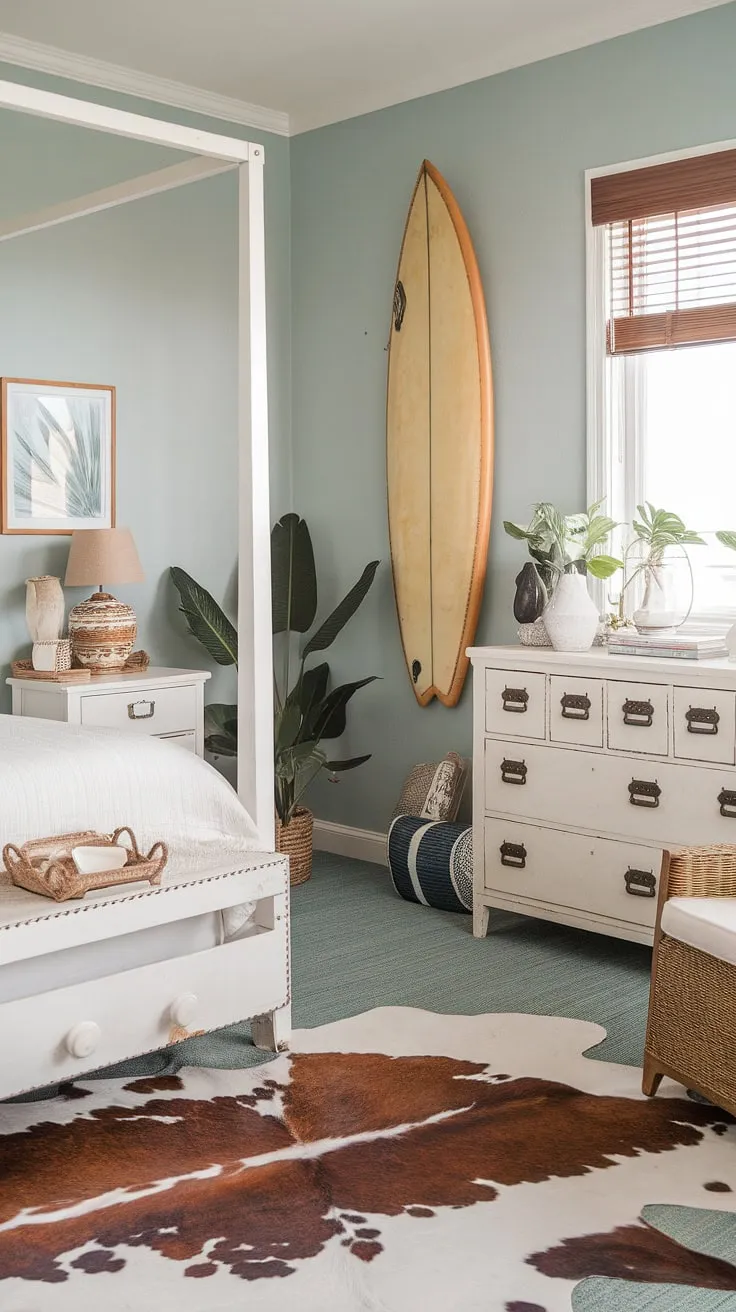 Dreamy coastal cowgirl room alert! This beach room ideas haven blends the effortless style of a cowgirl bedroom with the breezy feel of a beach house.  The soft blue walls, white furniture, and subtle surf room decor create a tranquil ocean room decor space, ideal for summer room decor.  A perfect example of how to design a stunning cowgirl room with coastal influences.