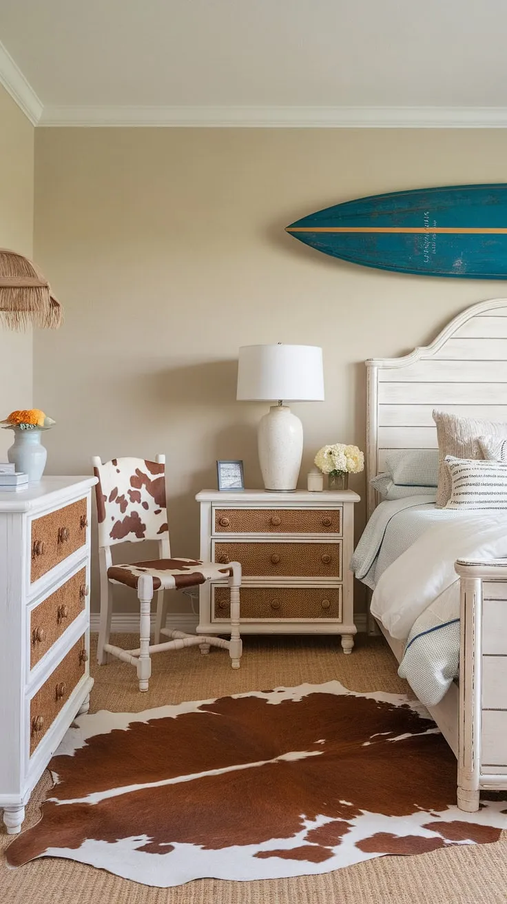 This coastal cowgirl bedroom perfectly blends rustic charm with beachy vibes.  Think sun-kissed driftwood, ocean-inspired textiles, and a touch of cowgirl spirit for the ultimate surf room decor.  Get inspired by these beach room ideas and create your own dreamy summer room decor.  It's the best of both worlds – a cowgirl room meets ocean room decor.