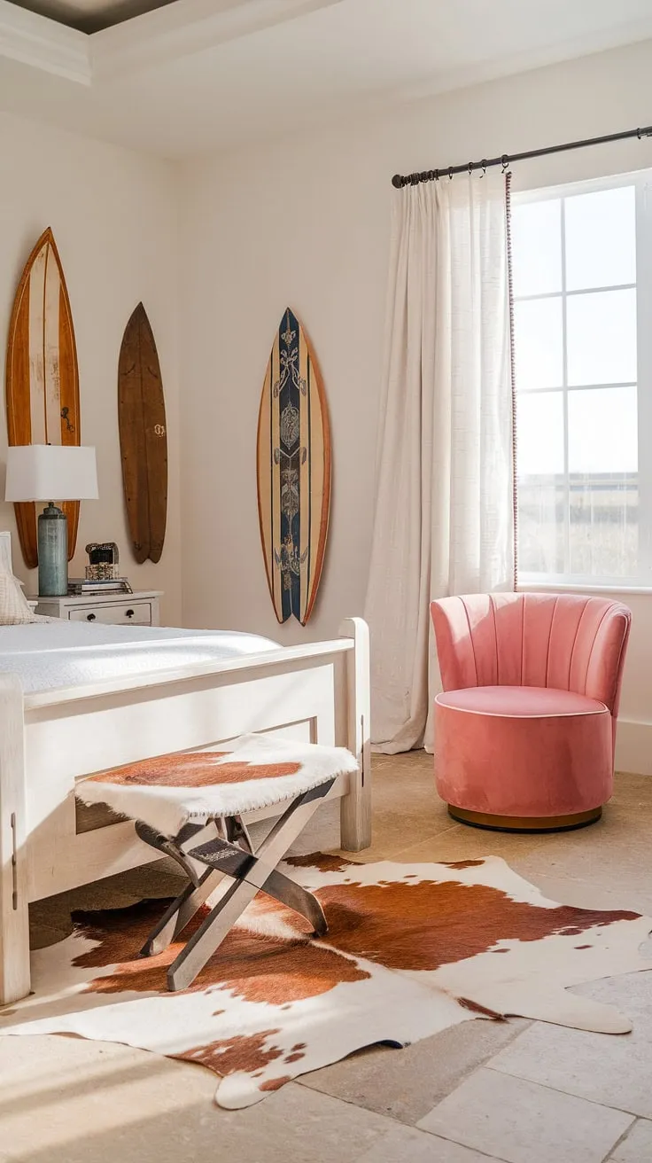 Dreamy coastal cowgirl bedroom, where beachy room ideas meet cowgirl charm.  This surf room decor and ocean room decor blend creates the perfect summer room decor, a haven of relaxed coastal vibes and rustic cowgirl style.  A truly unique cowgirl room and coastal cowgirl room escape.