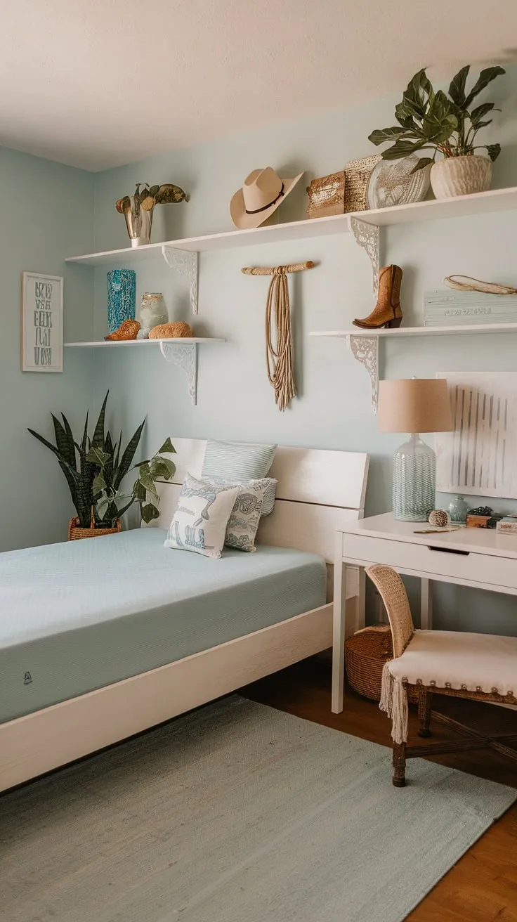 Escape to this coastal cowgirl room, where beachy room ideas meet cowgirl bedroom style.  The perfect blend of surf room decor and ocean room decor creates a summer room decor haven that's both relaxed and refined.  A truly unique take on the cowgirl room aesthetic.