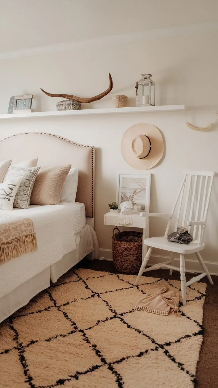 Dreamy coastal cowgirl room vibes! This beach room ideas masterpiece showcases a perfect blend of cowgirl bedroom style and coastal serenity.  The beige and white palette, combined with subtle surf room decor and ocean room decor elements, creates a tranquil coastal cowgirl bedroom that's perfect for summer.  A true coastal cowgirl room escape.