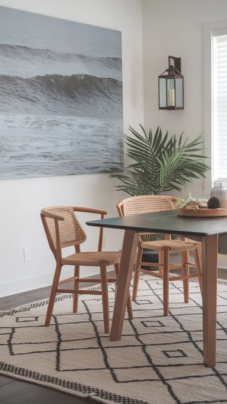 Boho-chic meets modern in this coastal dining room, showcasing a wave-inspired art piece and geometric patterned rug.