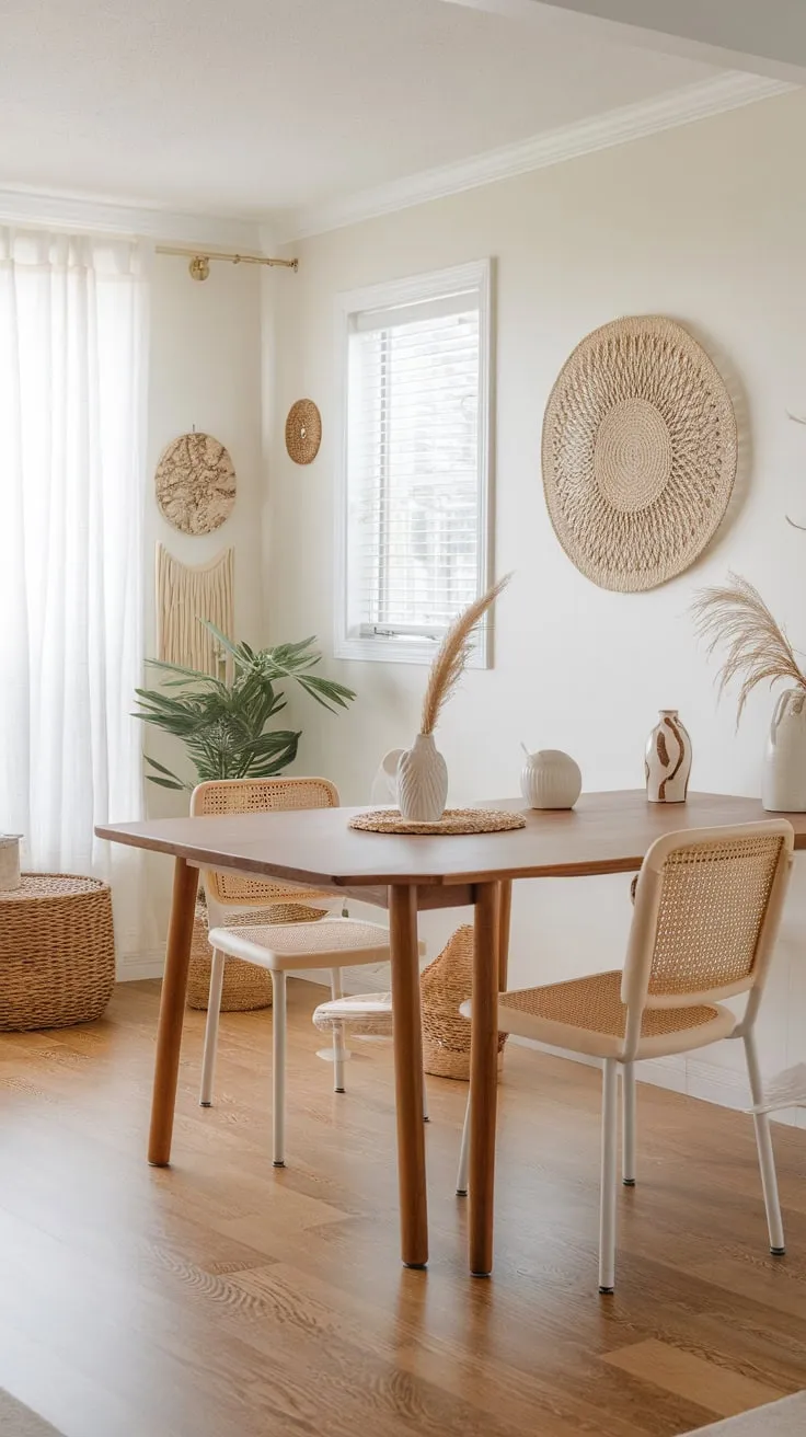 A modern wood table anchors a breezy coastal dining room, adorned with wicker, plants, and a bright white palette.