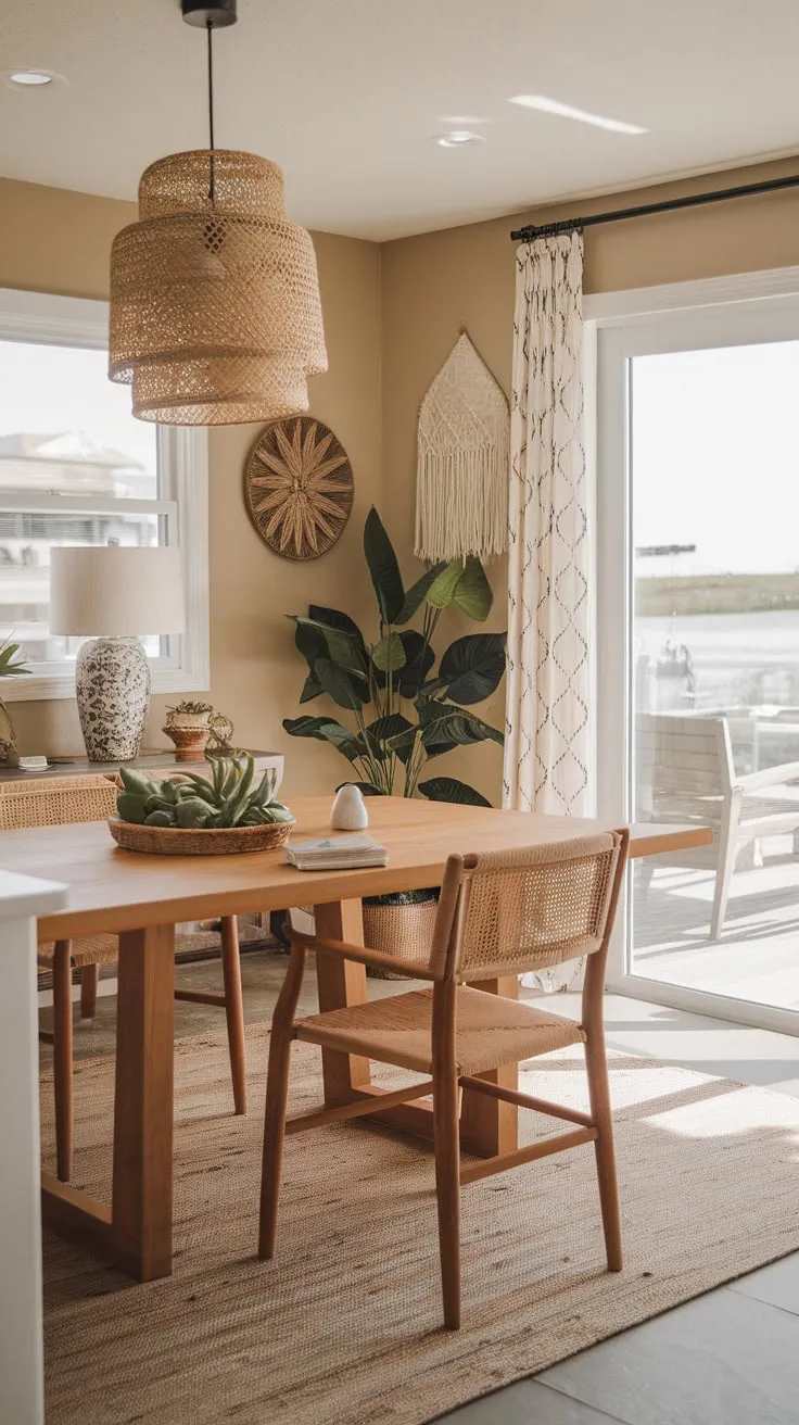 A modern kitchen table anchors a sun-drenched coastal dining room, its boho beach style enhanced by plants and a view to the outdoors.