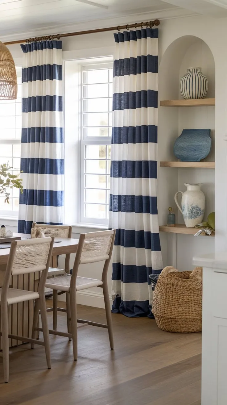 Serene coastal vibes fill a dining room featuring a modern wooden table, blue and white striped curtains, and charming beach house décor.