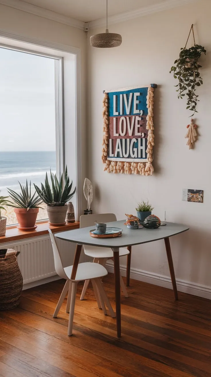 A modern kitchen table anchors a sun-drenched coastal dining room, perfectly blending beach vibes and stylish decor.