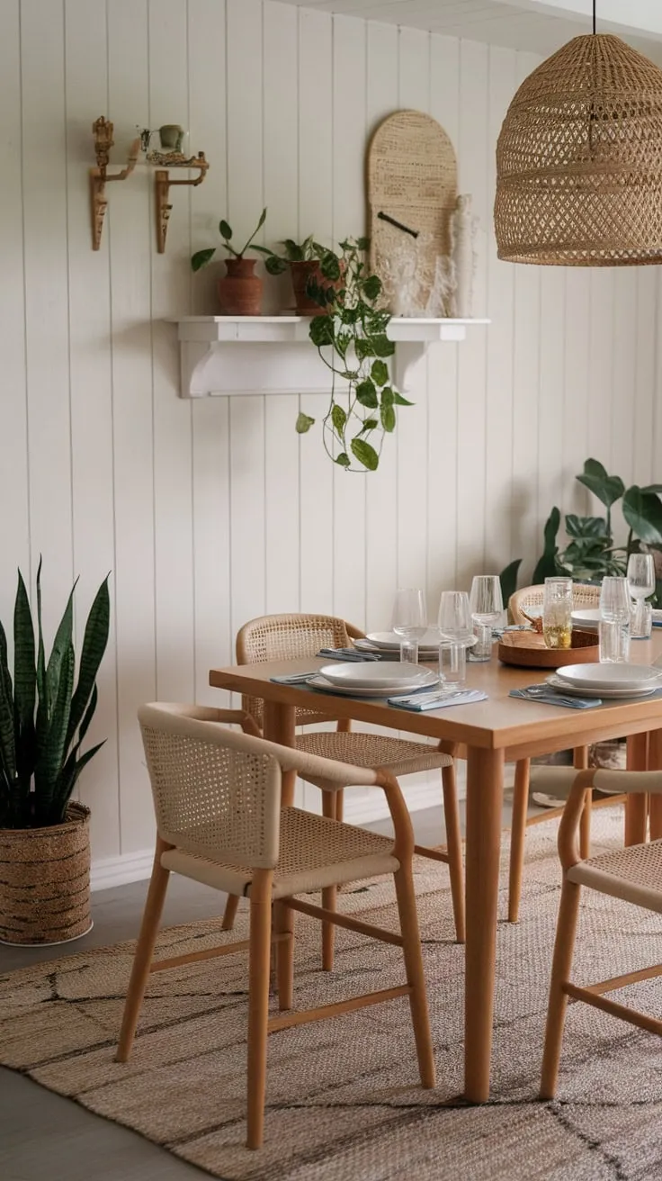A boho-chic coastal dining room, complete with a beach house table and wood-paneled walls, offers a relaxed seaside dining experience.