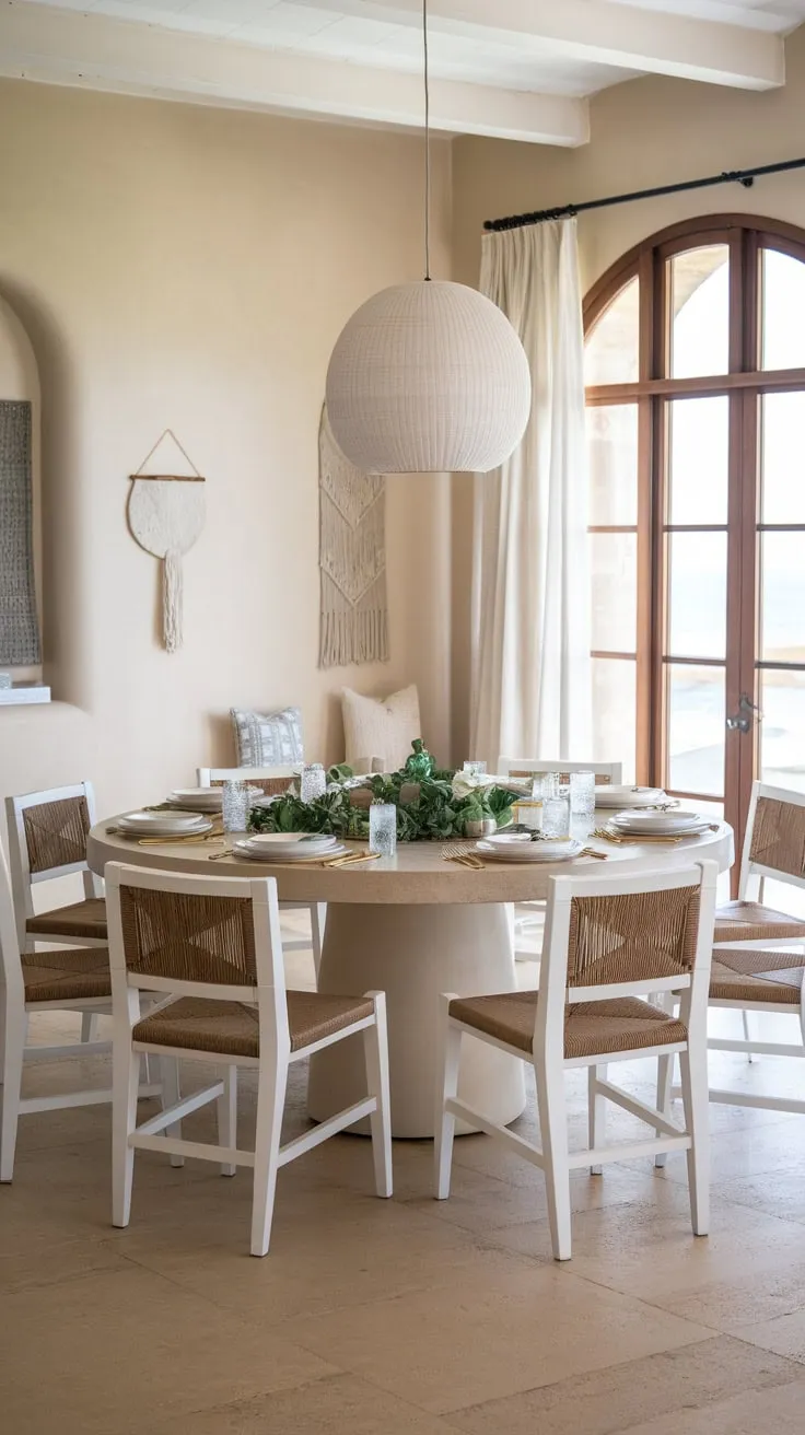 Sunlight streams into a charming coastal dining room, illuminating a round table set for a delightful meal with elegant gold accents and woven chairs.