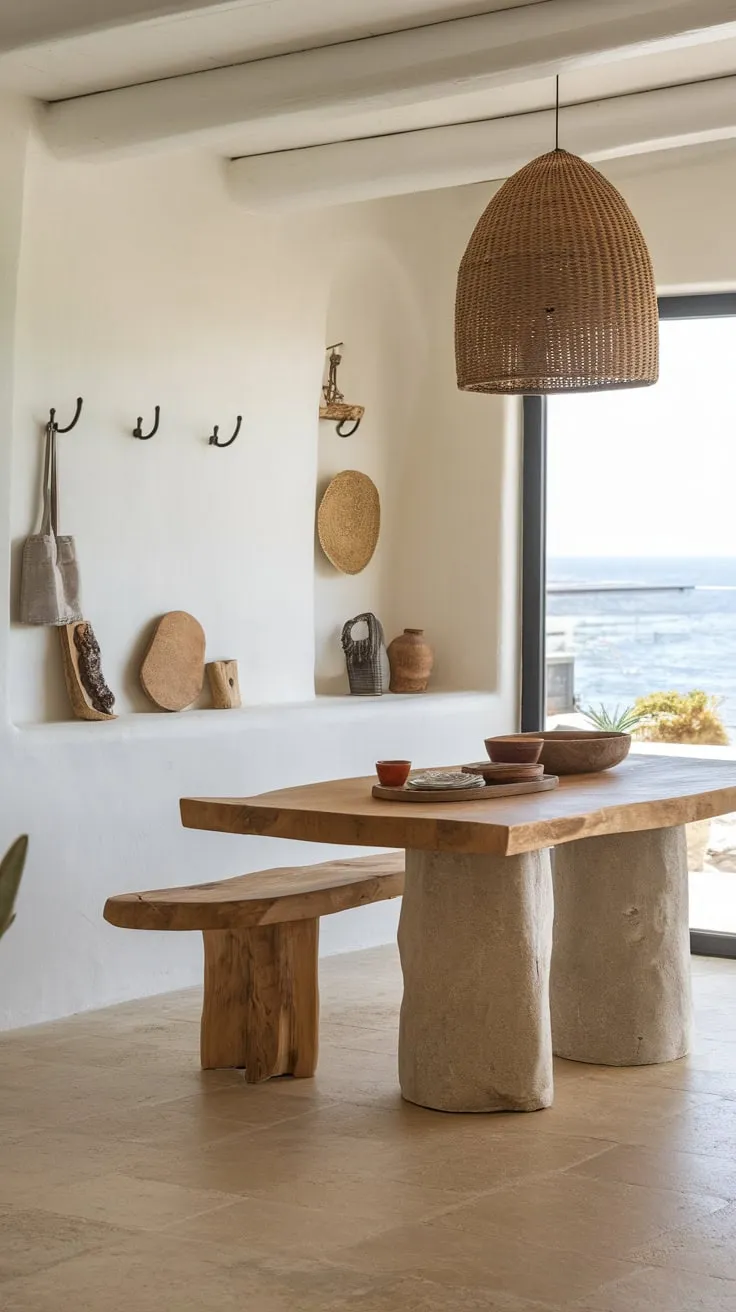 Relaxed coastal charm fills a bright dining room with ocean views, showcasing natural materials and modern design.