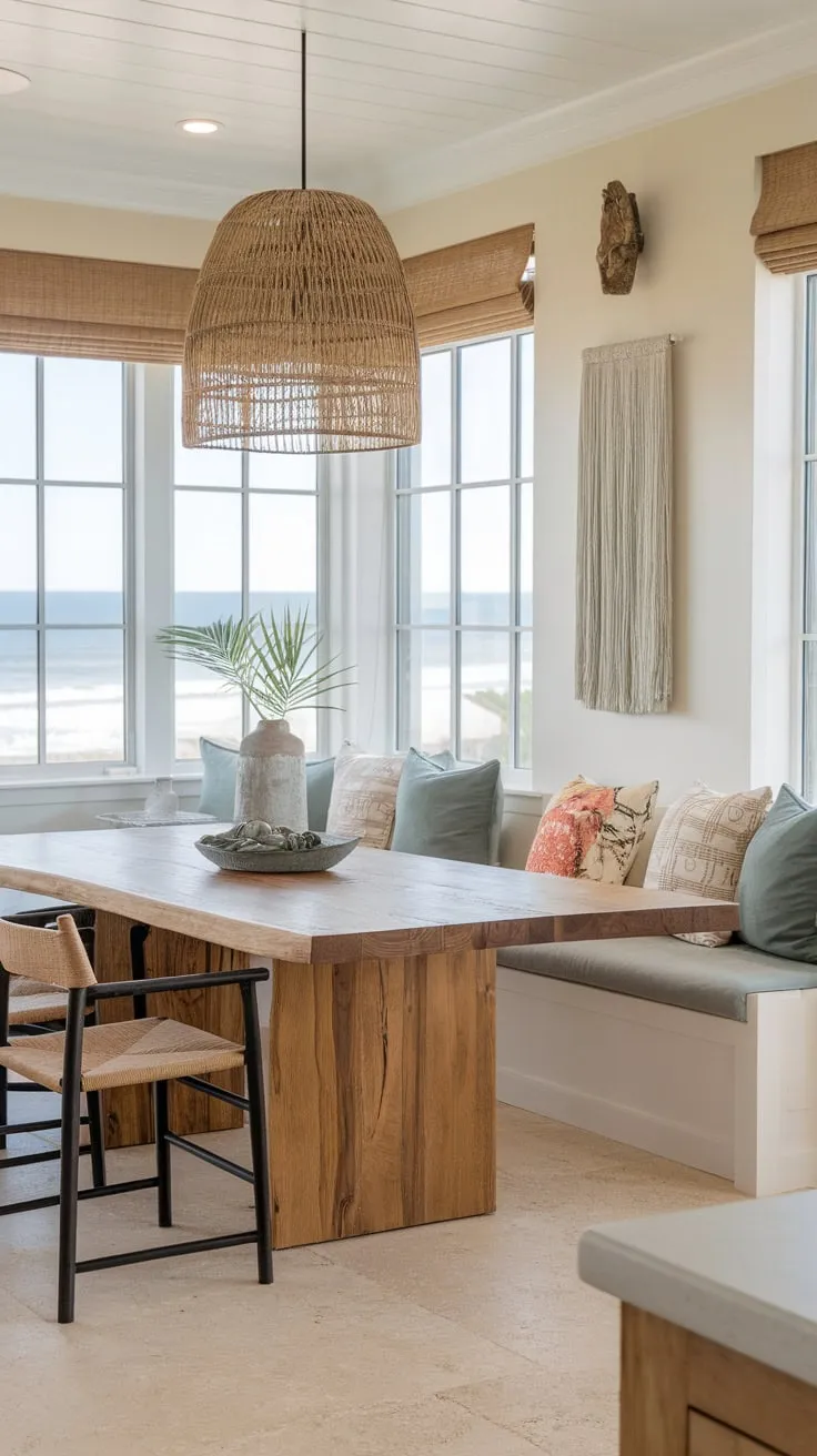 A modern wooden table anchors a bright, beachy dining space with stunning ocean vistas.