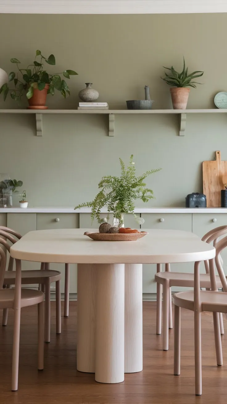 Muted sage walls and warm wood tones create a tranquil coastal dining space centered around a stylish white table and comfortable chairs.