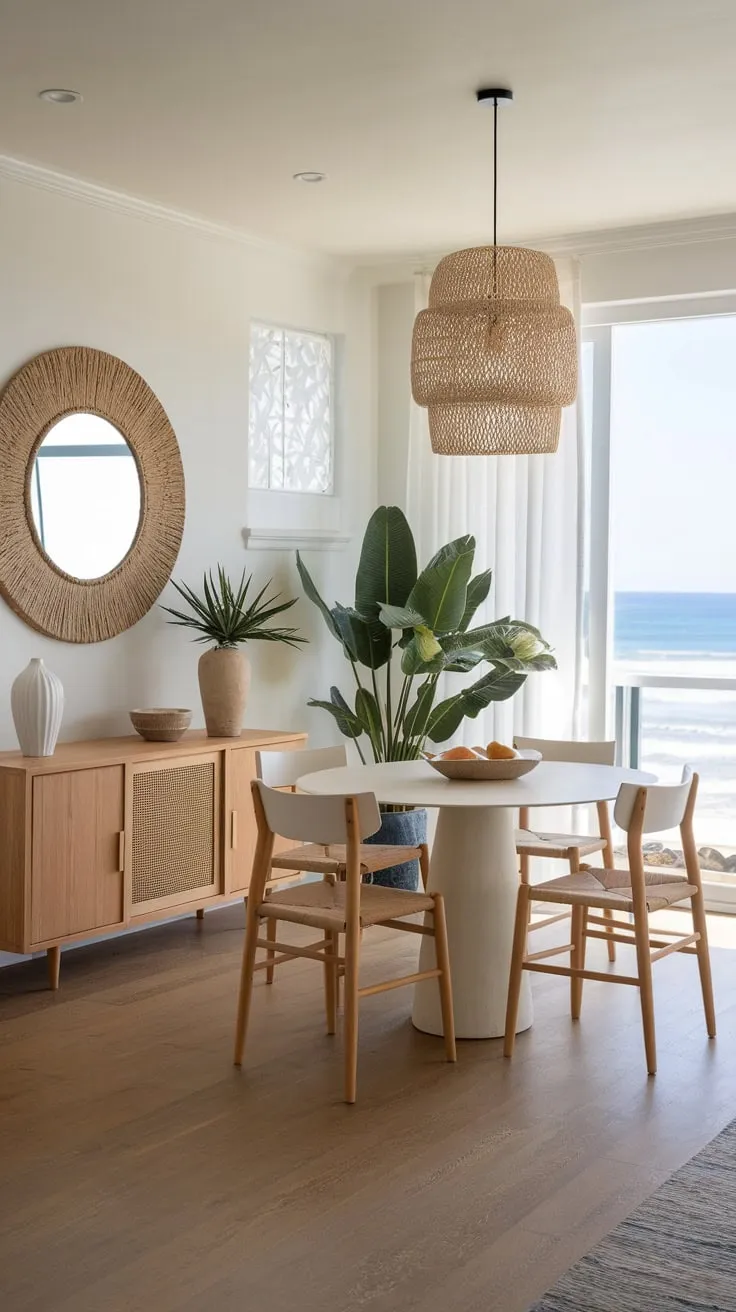 A modern kitchen table anchors a beach-inspired dining room bathed in natural light and ocean vistas.