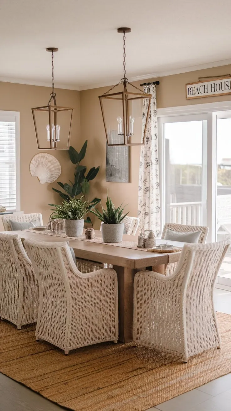 A beige coastal dining room, brightened by white wicker chairs and beachy décor, offers a relaxed boho vibe with a view of the outdoors.