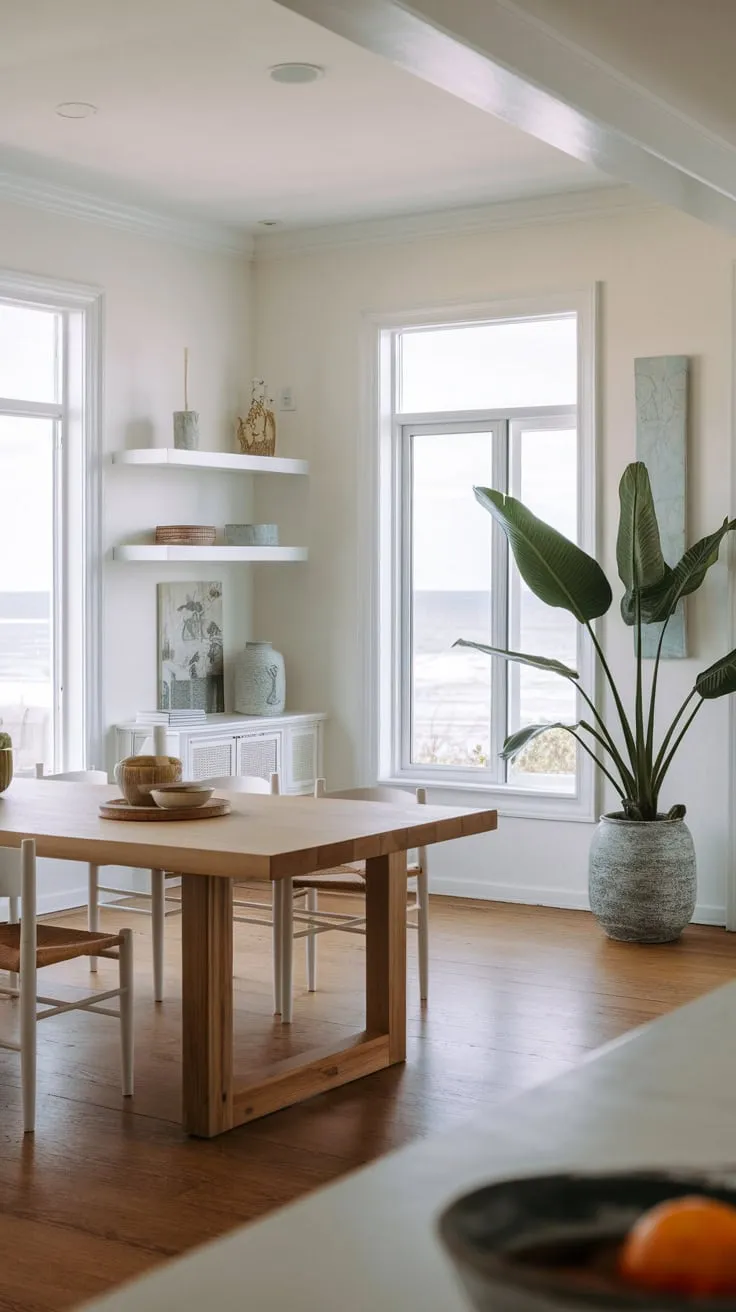 Sunlight streams into a bright coastal dining room showcasing a modern wooden table and breathtaking seaside views