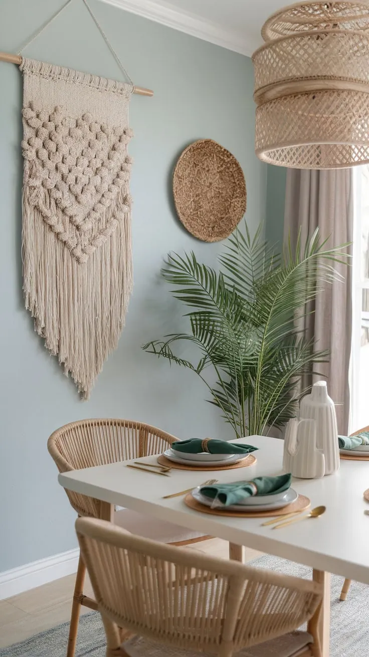 Relaxed coastal charm meets modern design in this beach house dining room, featuring woven textures and a stylish table setting.