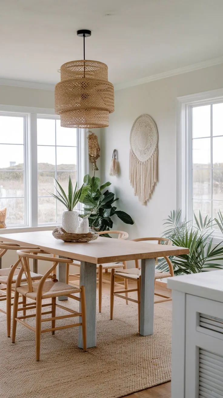 Relaxed coastal charm fills a bright dining room with a modern table and beachy boho accents