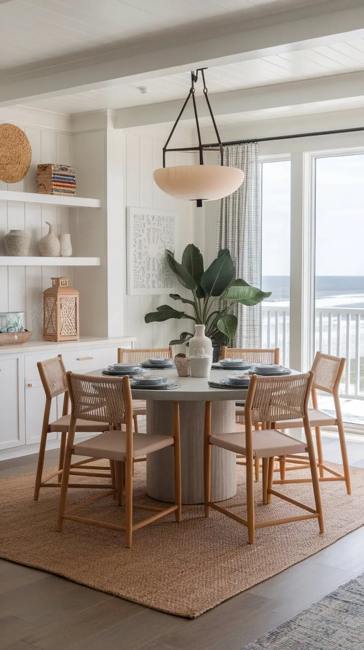 Ocean views and breezy boho-coastal style define this inviting beach house dining room.
