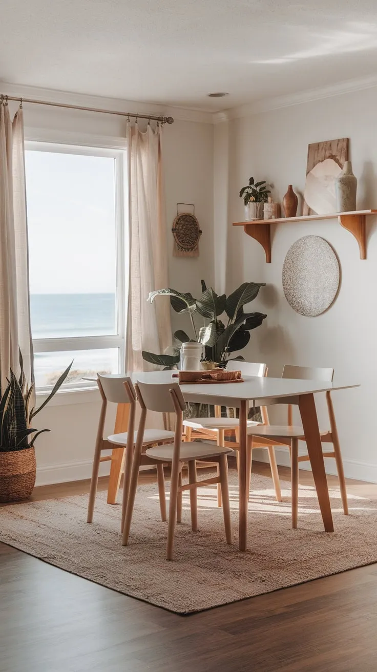 Ocean views and a boho-chic vibe define this bright coastal dining room.