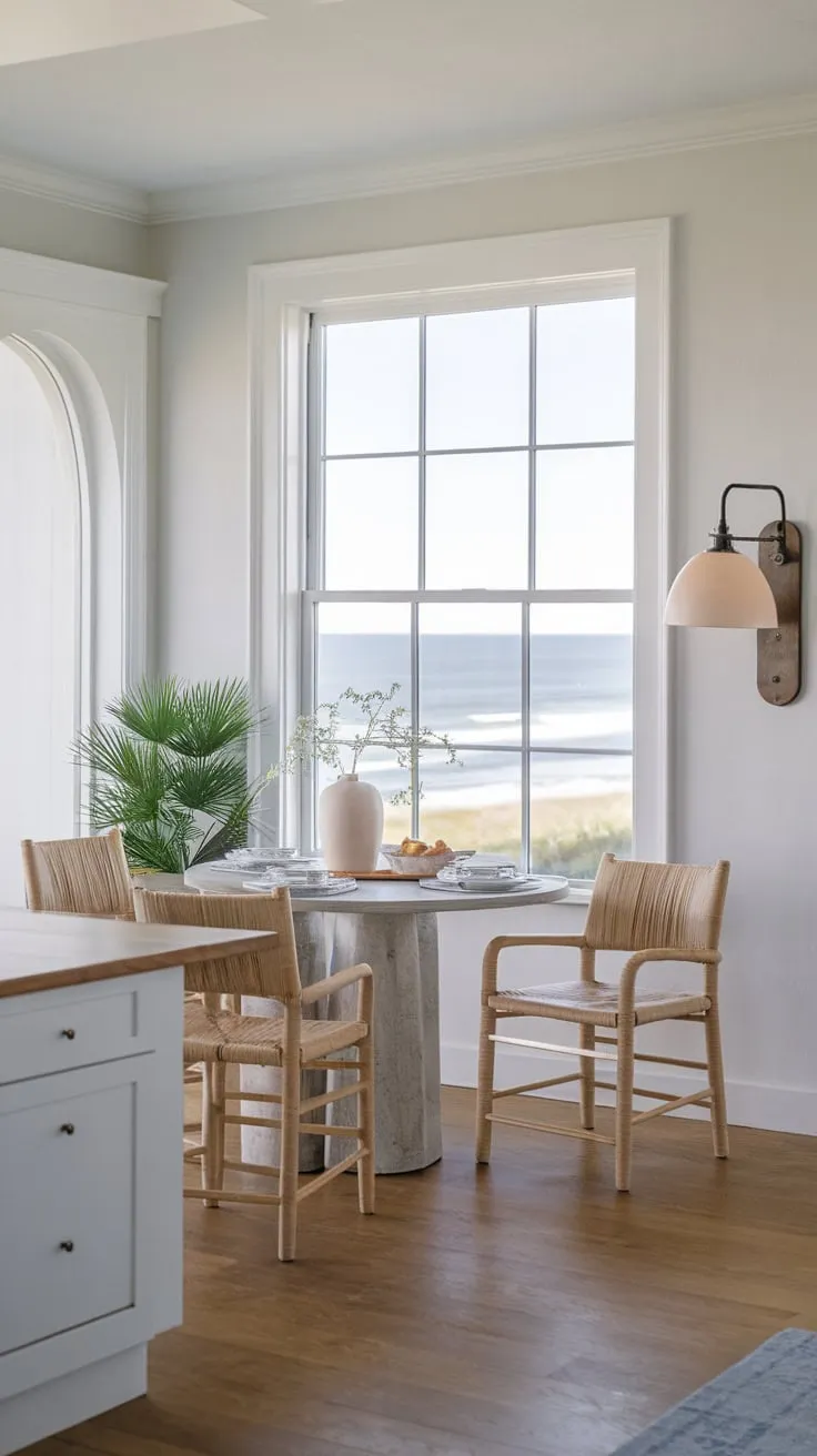 Ocean views and a modern table create a serene coastal dining experience