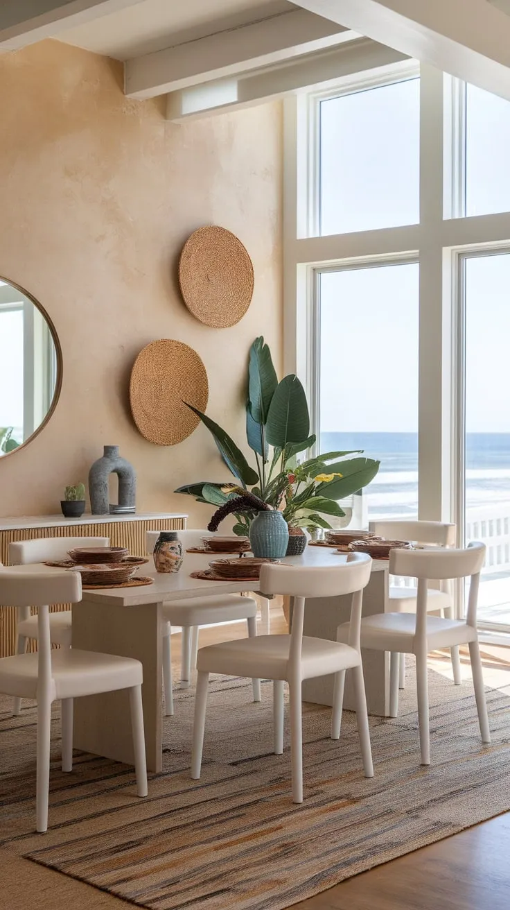 A beach house dining room's large windows frame stunning ocean vistas, complemented by a relaxed, coastal décor.