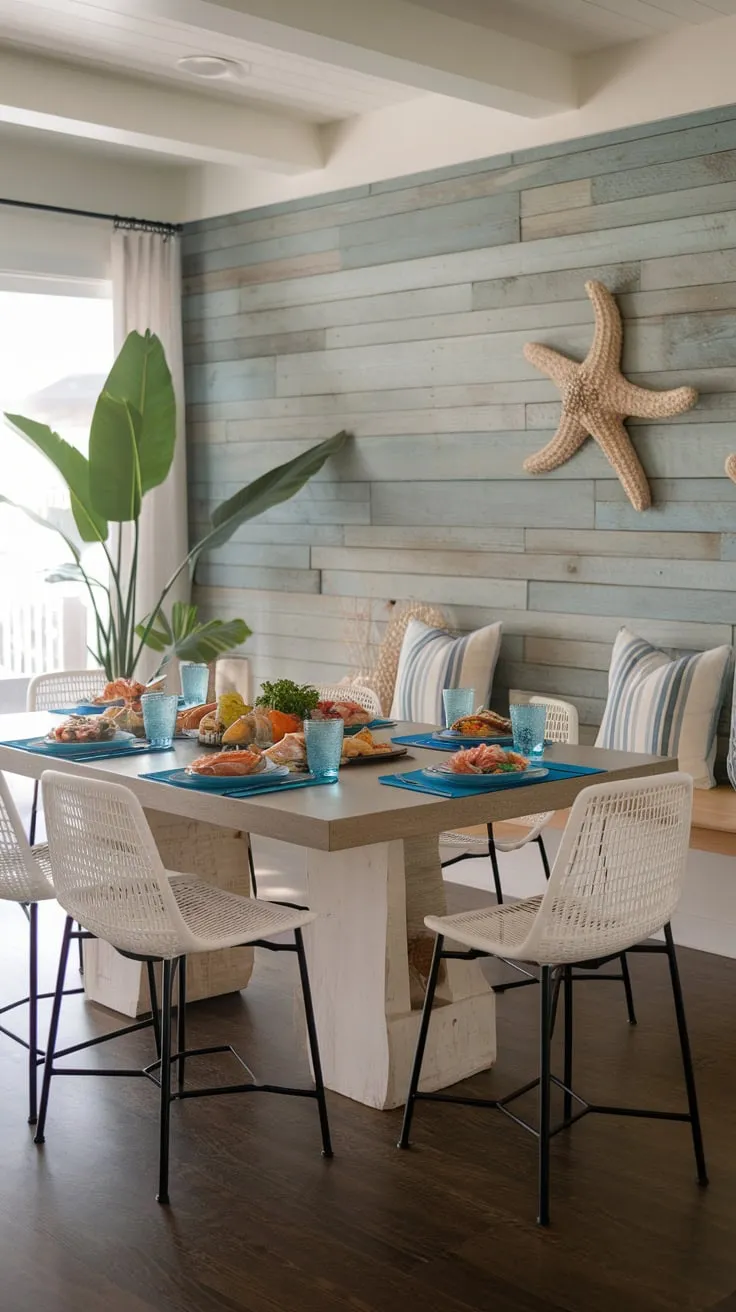 Fresh seafood awaits on a modern table in a beach house dining room, its wooden walls and starfish décor setting a relaxed coastal scene.