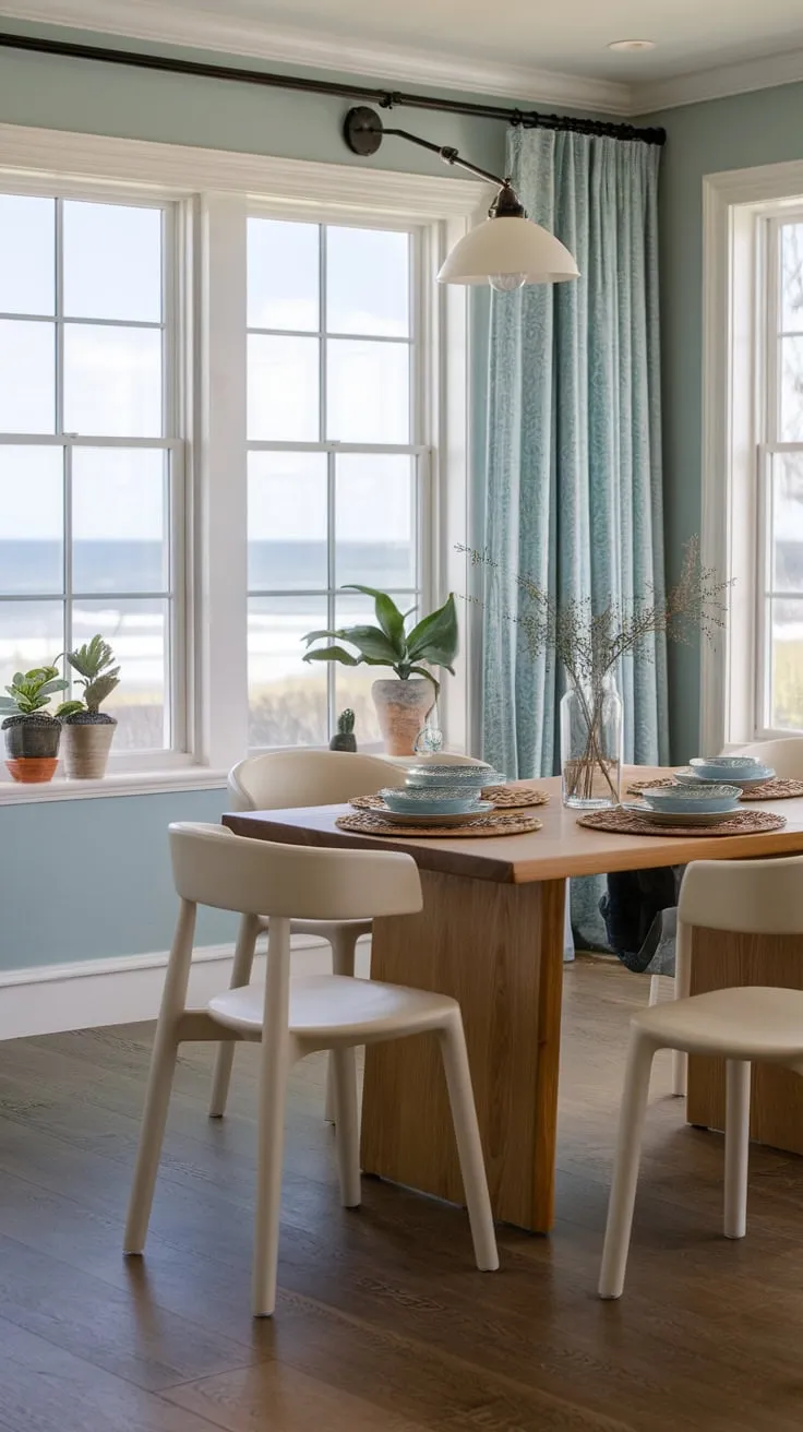 A beach house-inspired wooden table, white chairs, and soft blue walls define this calming coastal dining room.