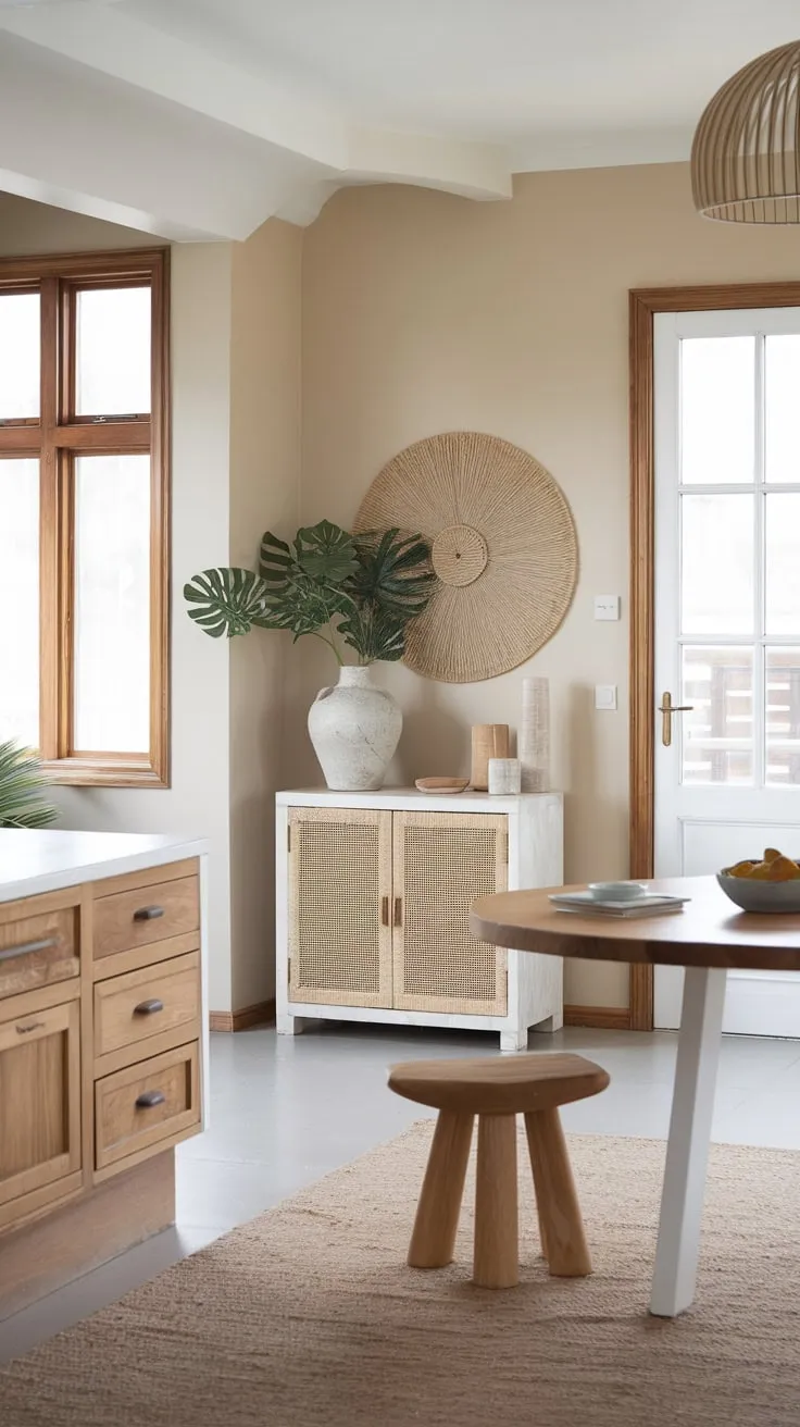 A beige-walled coastal dining room boasts a modern kitchen table, boho beach decor, and natural wood accents creating a relaxed yet stylish atmosphere