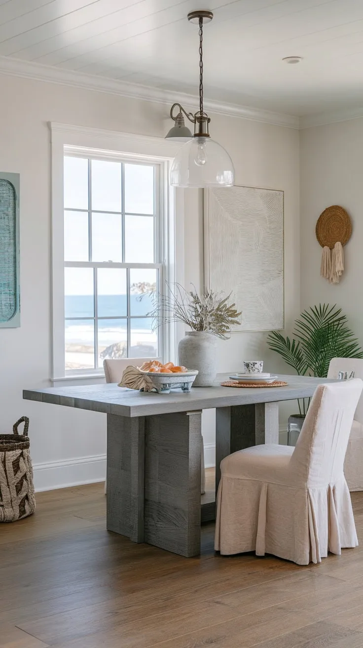 A modern kitchen table anchors a sunlit coastal dining space, complete with ocean views and beachy décor.