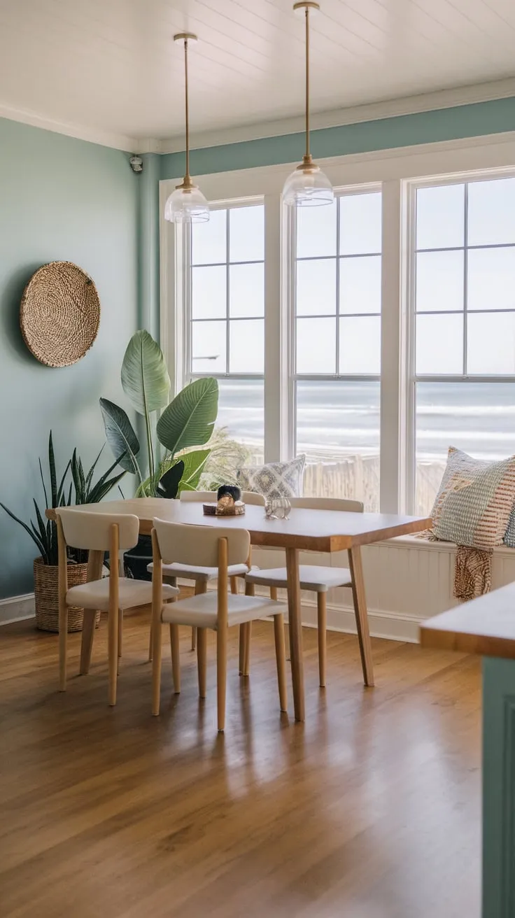 Ocean views and a boho-chic vibe define this coastal dining room's relaxed elegance