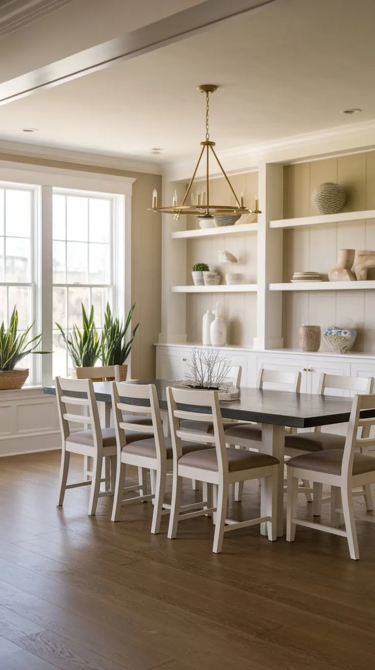 Sunlight streams into a breezy coastal dining room, illuminating a white-chair table and potted plants against a backdrop of beige walls and wood floors.