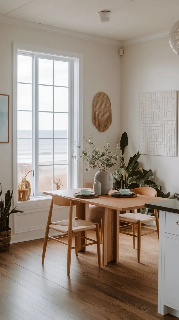 A modern kitchen table anchors a sunlit beach house dining space with stunning ocean vistas.