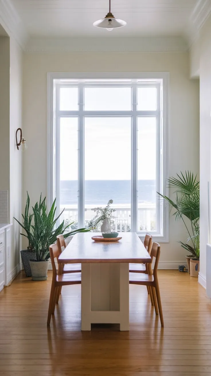 Sunlight streams into a bright coastal dining room showcasing a modern table and stunning ocean views