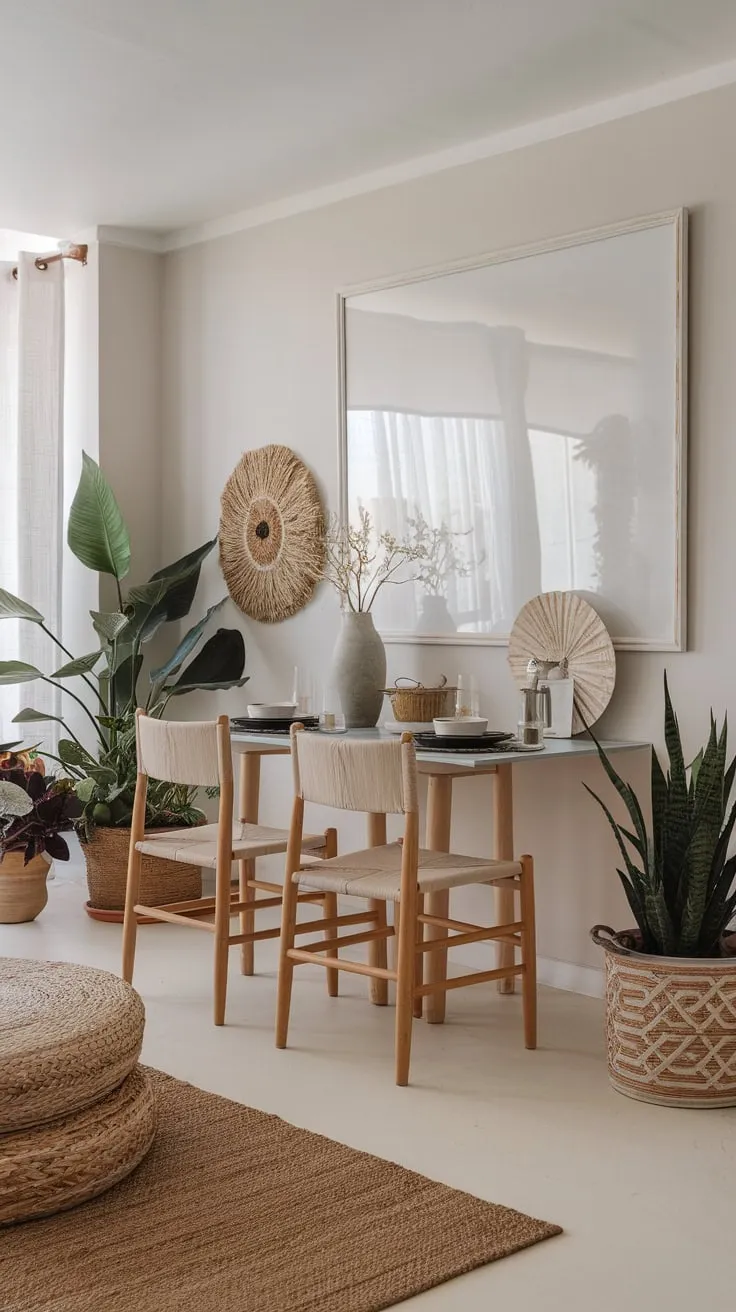 Modern meets beachy in this airy white dining room, complete with a stylish table and charming coastal accents.