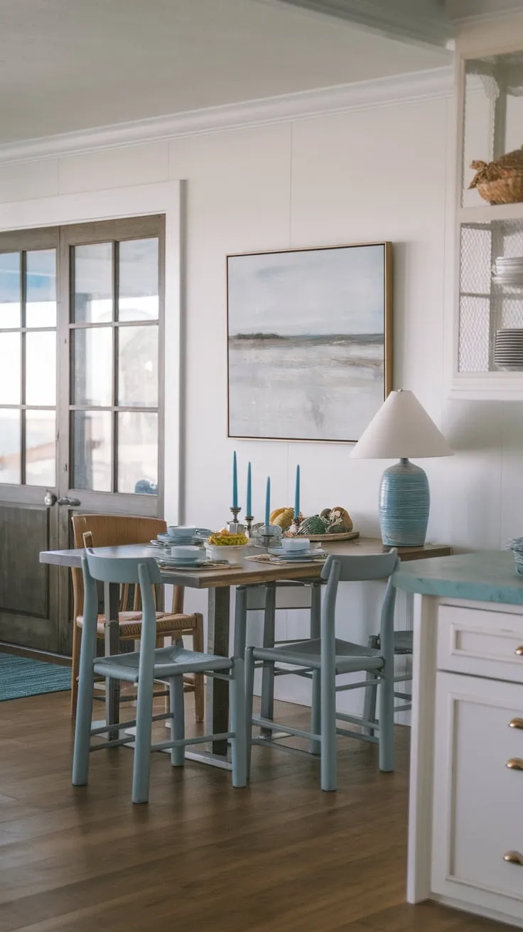 Relaxed coastal charm fills a bright dining room, anchored by a modern table and beach house vibes