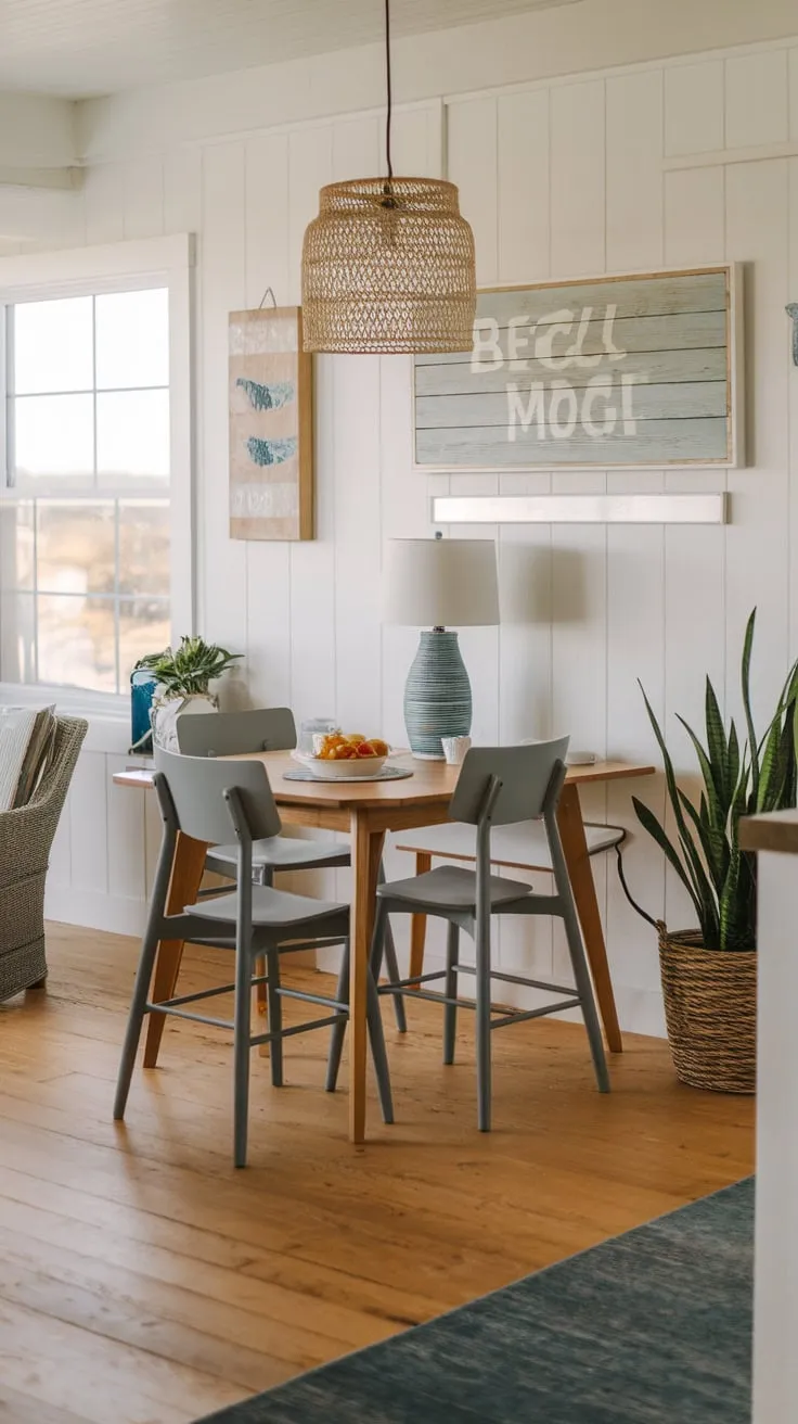 Relaxed coastal charm fills a bright dining room, complete with a modern table and captivating outdoor views.
