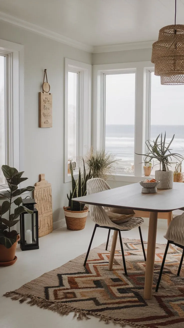 A bright white coastal dining room offers stunning ocean views, accented by a modern table, potted plants, and charming beach-themed details.