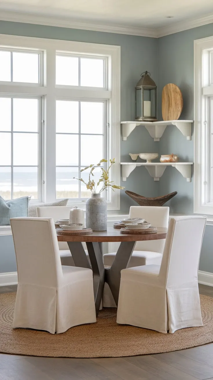 A modern coastal dining room bathed in natural light features a stylish table, white chairs, and calming blue walls, creating a perfect beach house retreat.